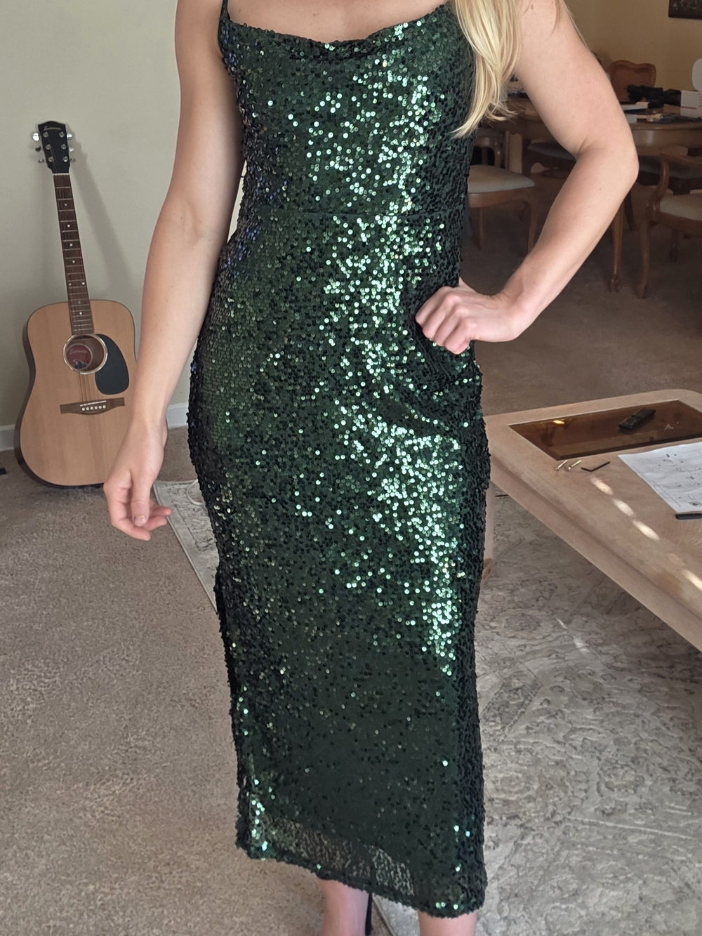 Spaghetti Strap Emerald Green Sequin Midi Dress